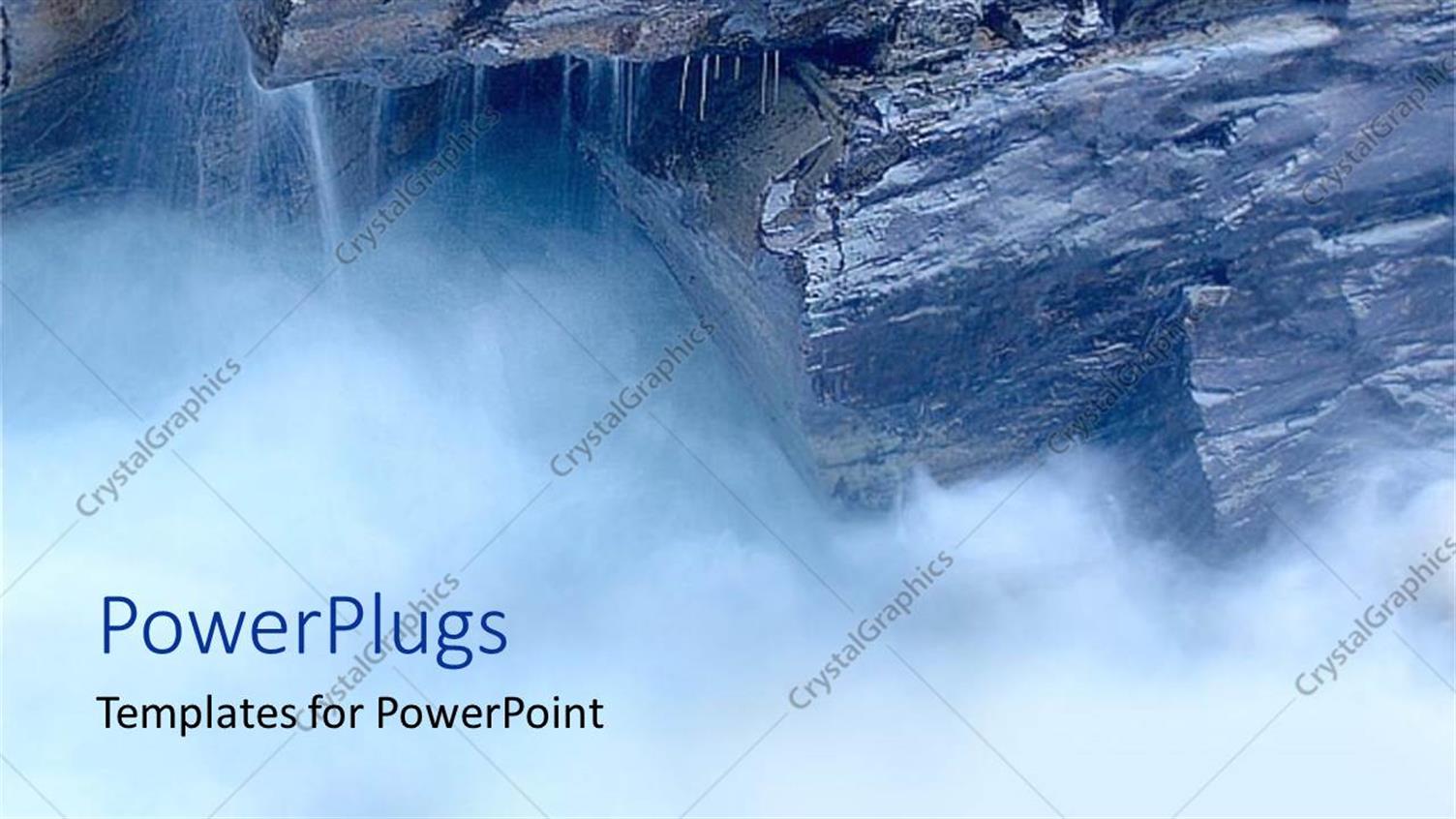 Featuring Close Up of mist from Waterfall off Jagged Rocks