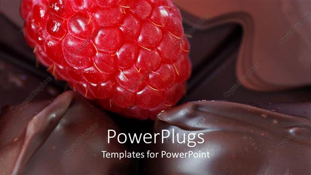  Presentation with chocolate dessert - Close up of red raspberry in dark chocolate sweet dessert background