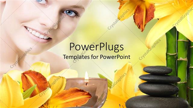  Presentation with blue spa - Close up of smiling woman with blue eyes, with spa relaxing items, yellow flowers, zen relaxing stones, burning aromatic candle and bamboo sticks
