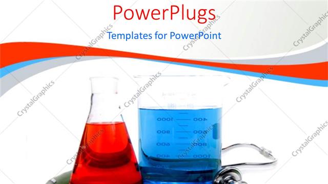  Presentation with beakers - Close up of stethoscope, syringe, beakers with blue medicine in white background