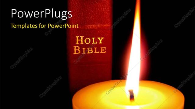  Presentation with candle - A close up view of a large candle with a bible at the back