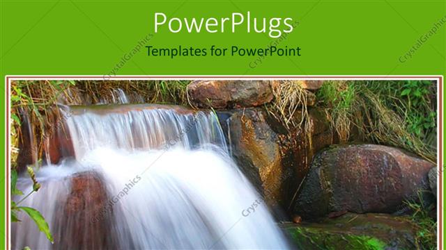  Presentation with grass waterfall - Close up of waterfall on huge rocks with grass on green background