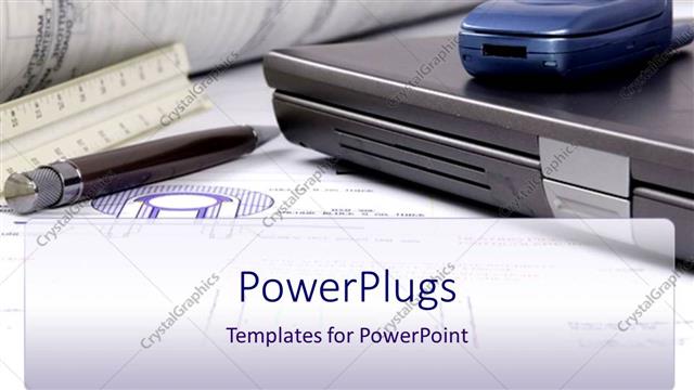  Presentation with blueprint - Closed laptop, mobile phone, pen, ruler, blueprint papers and rolled papers