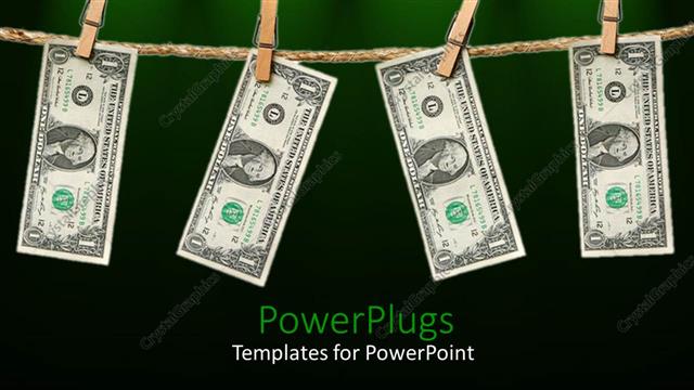  Presentation with rope - Clothespins holding one dollar bills hanging from rope