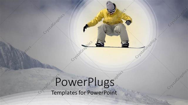  Presentation with ski - Cloudy sky in background as snowboarder in yellow jumps on snowy mountain