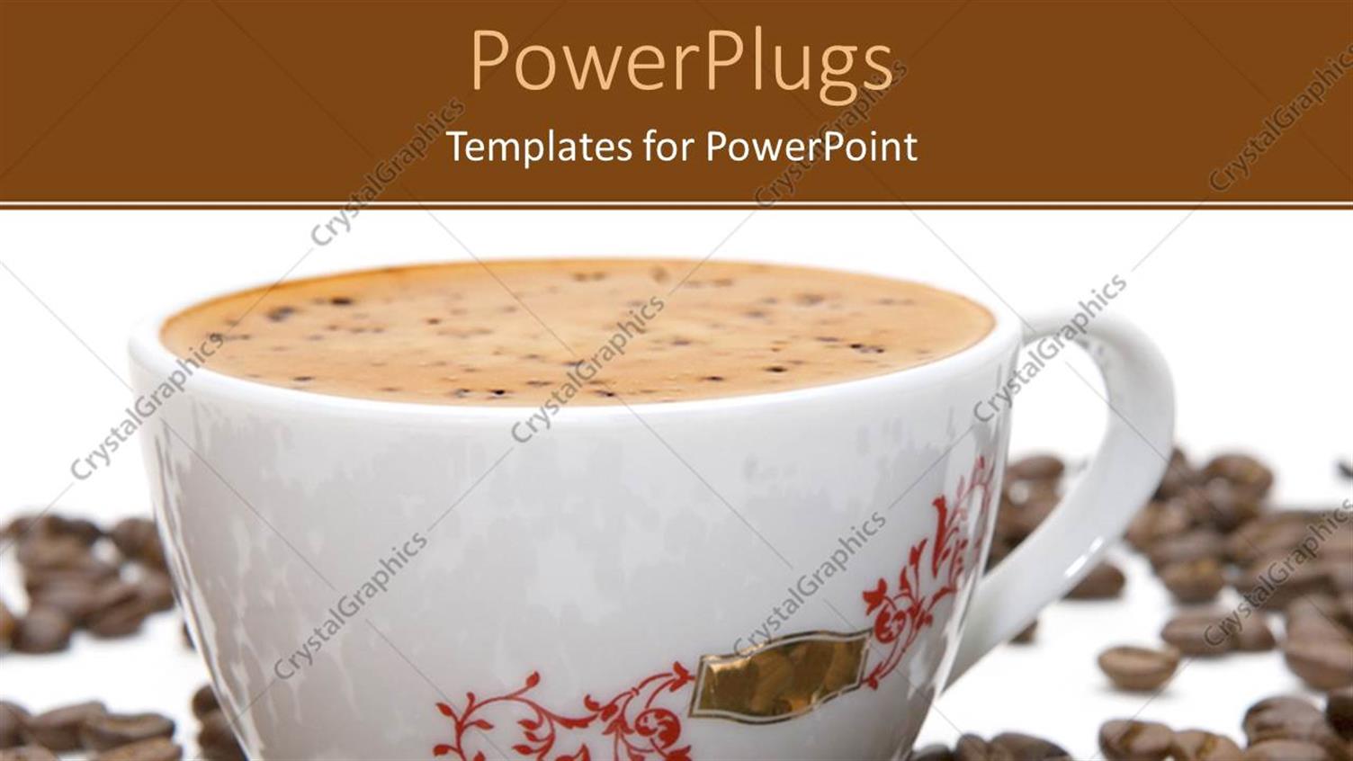 Featuring Coffee in White Mug Surrounded by Coffee Beans on White Surface