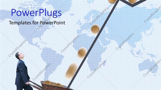  Presentation with wheel - Coins rolling down stock market graph into wheel barrow, investing, making money