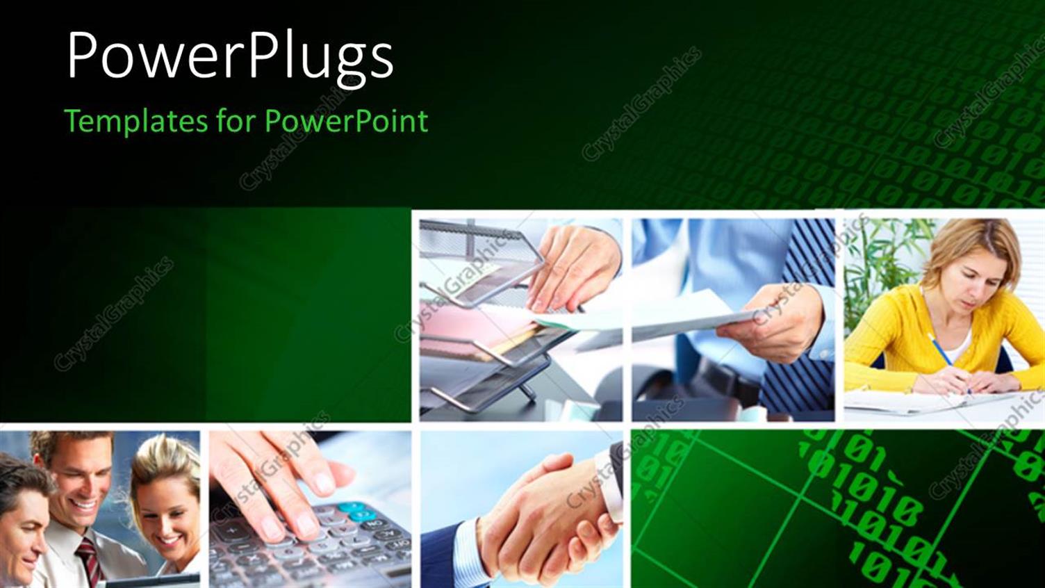 Featuring Collage of business Depictions Over Dark Green background 