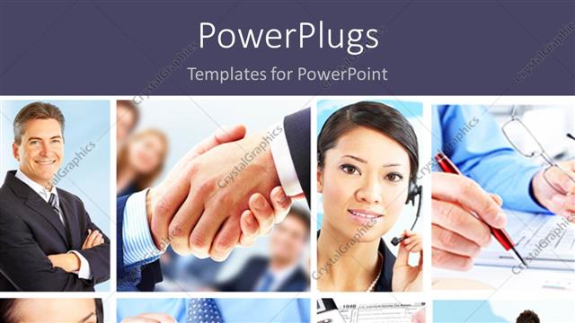  Presentation with people collage - Collage of business people and scenarios with dark blue text area