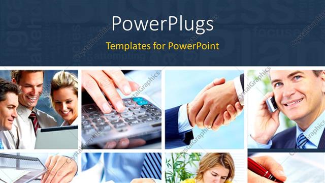  Presentation with area - Collage of business scenarios with dark blue text area at top