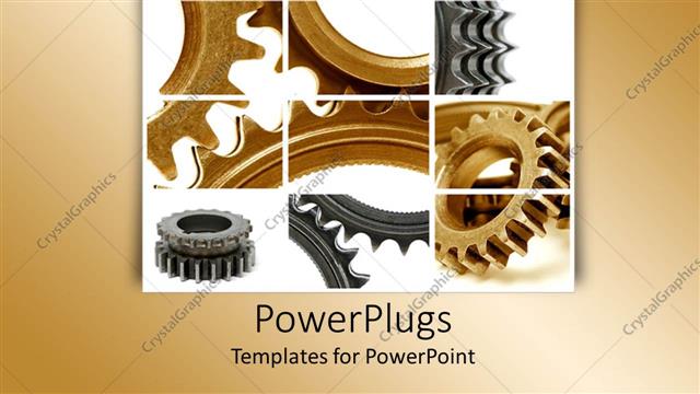  Presentation with grey - Collage of golden and silver gears on white and grey background