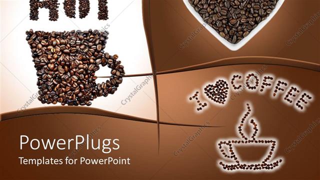  Presentation with love heart - Collage of hot coffee depictions of coffee cup made of coffee beans, coffee beans in heart shaped cup and coffee cup and I love coffee with heart made of coffee beans