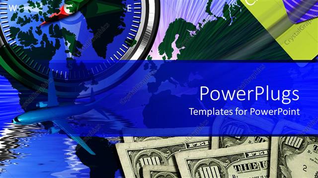  Presentation with business cards - Collage of hundred dollar bills, credit cards, jet plane, compass, world map, and water