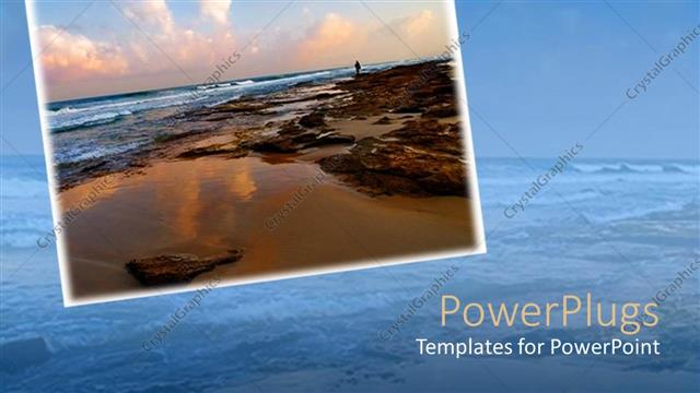  Presentation with sea - Collage of man standing on beautiful sea shore on blue background