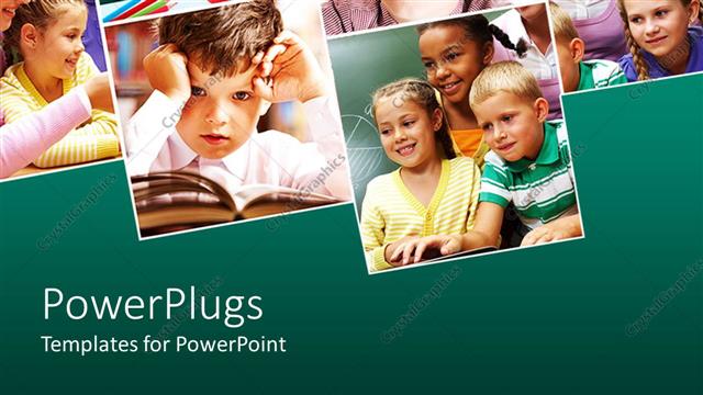  Presentation with back school - Collage with six depictions related to school and education with pupils, back to school words on green chalkboard, kid reading in an open book, kids with teacher