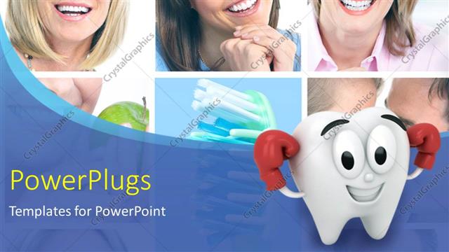  Presentation with cartoon character - Collage of smiling women with healthy tooth in background and cartoon character as teeth in the foreground