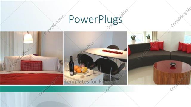  Presentation with dining - Collage of three depictions of home interior, bedroom, dining room and living room interiors, sofas, coffee table, table with chairs, bed