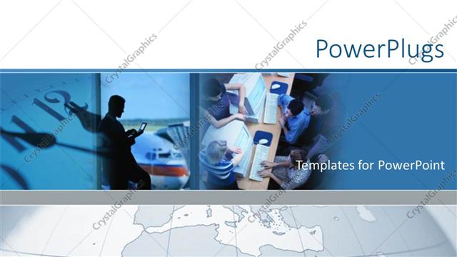  Presentation with business people silhouette - Collage of three depictions showing clock, silhouette of business man near a plane, people working on computers in office