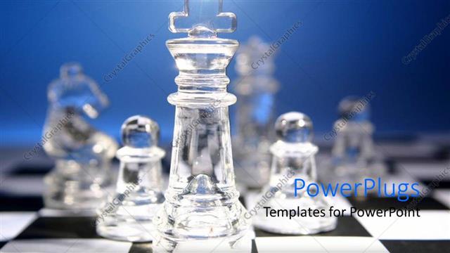  Presentation with chess - A collection of chess pieces made of glass on  chess board.