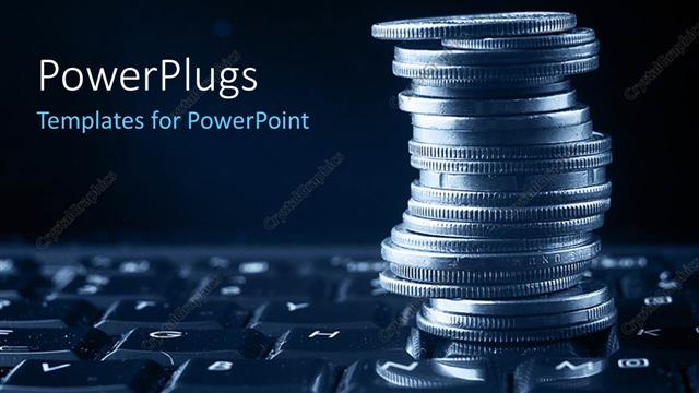  Presentation with pile - A collection of coins placed over a keyboard with space for the text