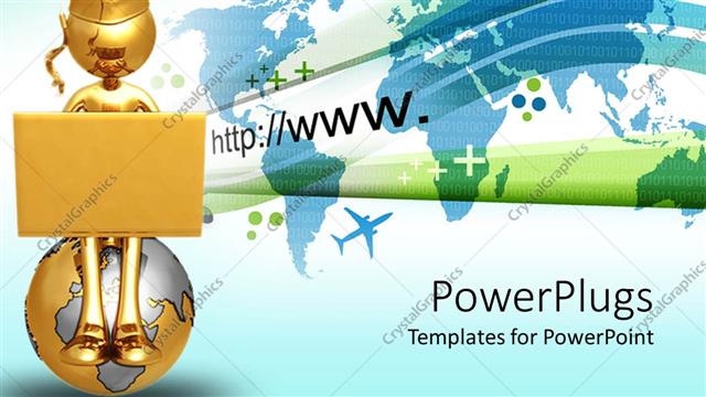  Presentation with travel globe - College metaphor with graduate holding laptop atop globe with world air travel map background