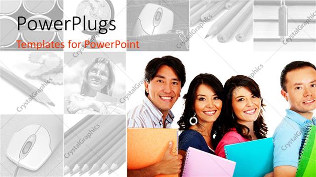 Presentation with college education happy smiling - College students smiling with books, black and white education collage with mouse, pencils