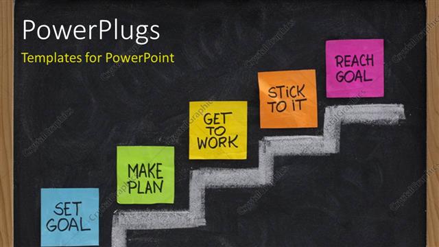  Presentation with goal - Color notes with keywords set goal, make plan, work, stick to it, reach concept presented on blackboard