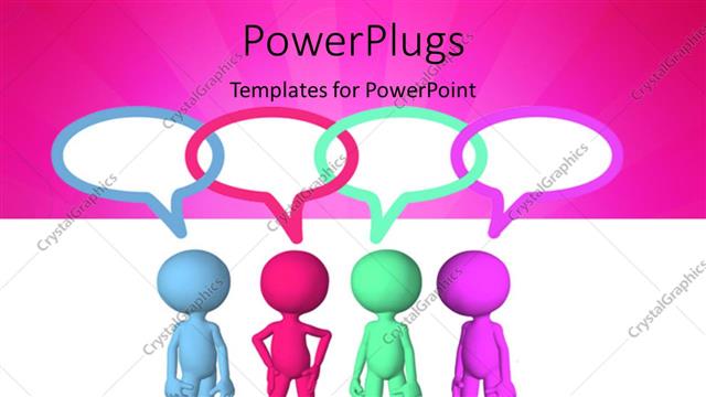  Presentation with talk - Colored 3D men with overlapping speech bubbles on pink and white background
