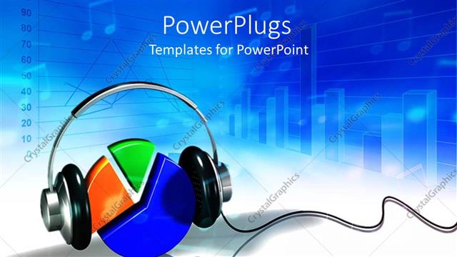  Presentation with music business - Colored 3D pie chart with headphones on blue and white surface