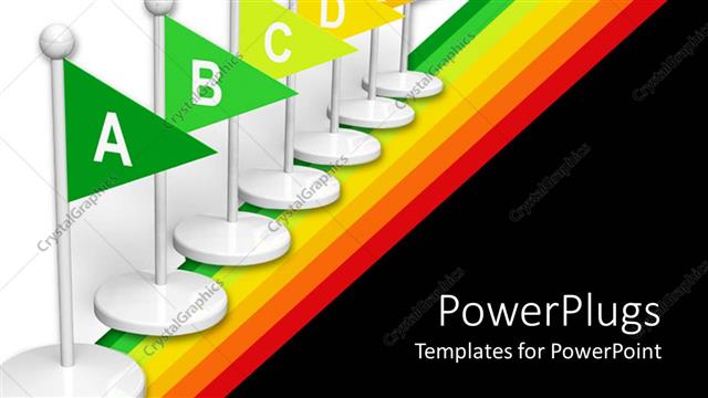  Presentation with rating - Colored flags with letters A through G lined up in order on rainbow background