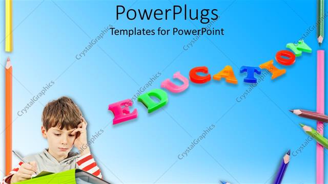  Presentation with pile - Colored letters form word EDUCATION with kids writing over book pile