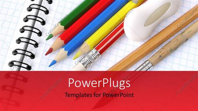  Presentation with colored pencils - Colored pencils sharpener and eraser on notepad