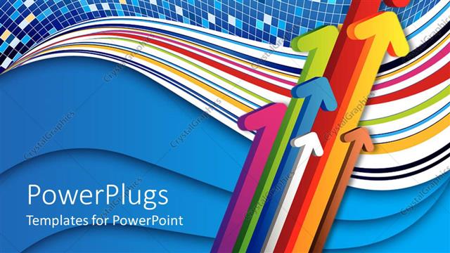  Presentation with arrows - Colorful arrows pointing up with curved colorful lines on blue background