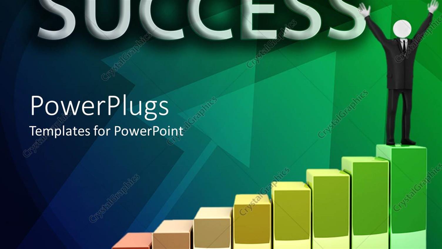 Featuring Colorful Bar Chart with Business Man Raising Hands on Top of Chart