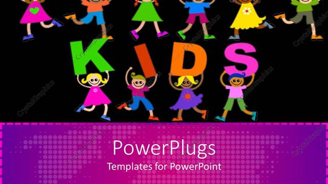  Presentation with global children - Colorful children carrying letters forming GLOBAL KIDS sign in black background