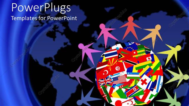  Presentation with world flags - Colorful figures holding hands sitting around Planet Earth covered in various flags of countries of the world