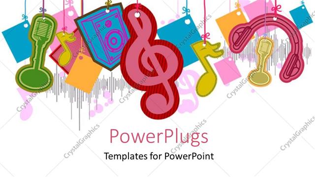  Presentation with music - Colorful music symbols, head phones, mice over white background