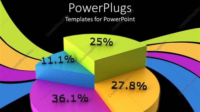  Presentation with displaying - Colorful pie chart displaying percents, purple, blue, green and yellow pie chart pieces