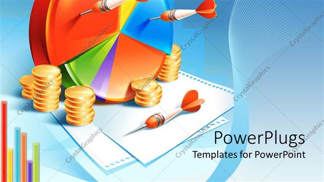  Presentation with pie chart - Colorful pie chart with orange darts and stacks of coins