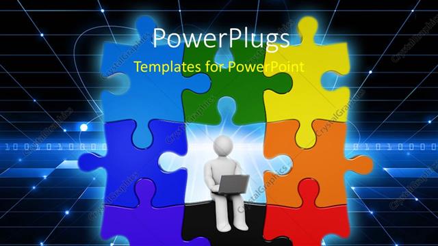  Presentation with laptop - Colorful puzzle with figure working on laptop in dark background