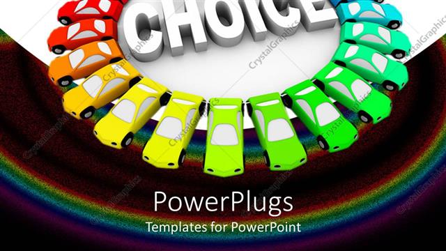  Presentation with choice - Colorful rainbow colored cars forming a circle around 3D white word choice