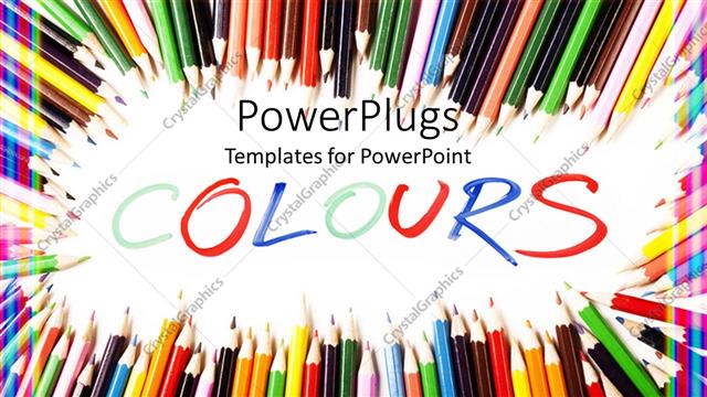  Presentation with light colors - Colors word in light blue, red and dark blue on white background framed by sharpened colored pencils