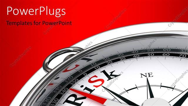  Presentation with risk - Compass with dial pointing at risk direction over red background