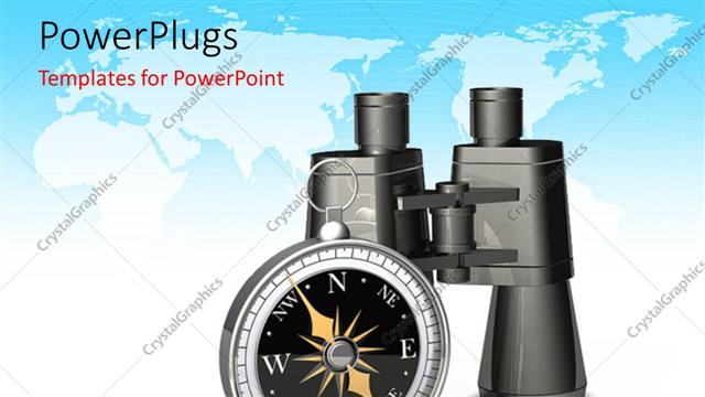  Presentation with compass map - Compass and pair of binoculars over world map in background