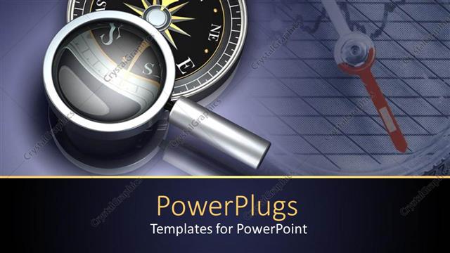  Presentation with way - Compass under magnifying glass, chart background, navigation