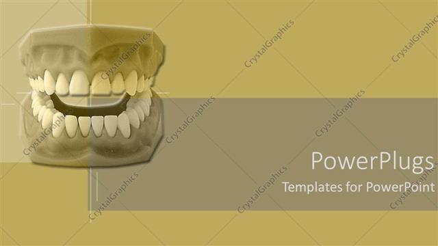  Presentation with dentures - The complete dentures of a human being on abrown background