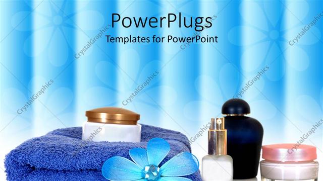  Presentation with blue spa - Complete spa essentials, of a blue towel, oil, cream, etc