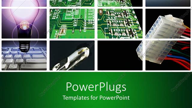  Presentation with circuit - Composite of light bulb, computer keyboard, circuit board, globe, and other items