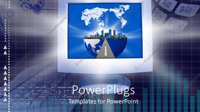  Presentation with monitor computer - Computer monitor showing business buildings and globe depicting e-business?