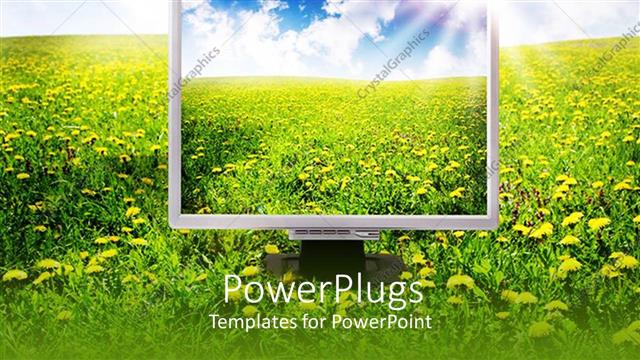  Presentation with green screen - Computer screen showing green vegetation and cloudy sky